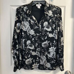 Vintage Silverleaf Womans‎ Blouse Shirt Size 8 Black/Silver with Shoulder Pads